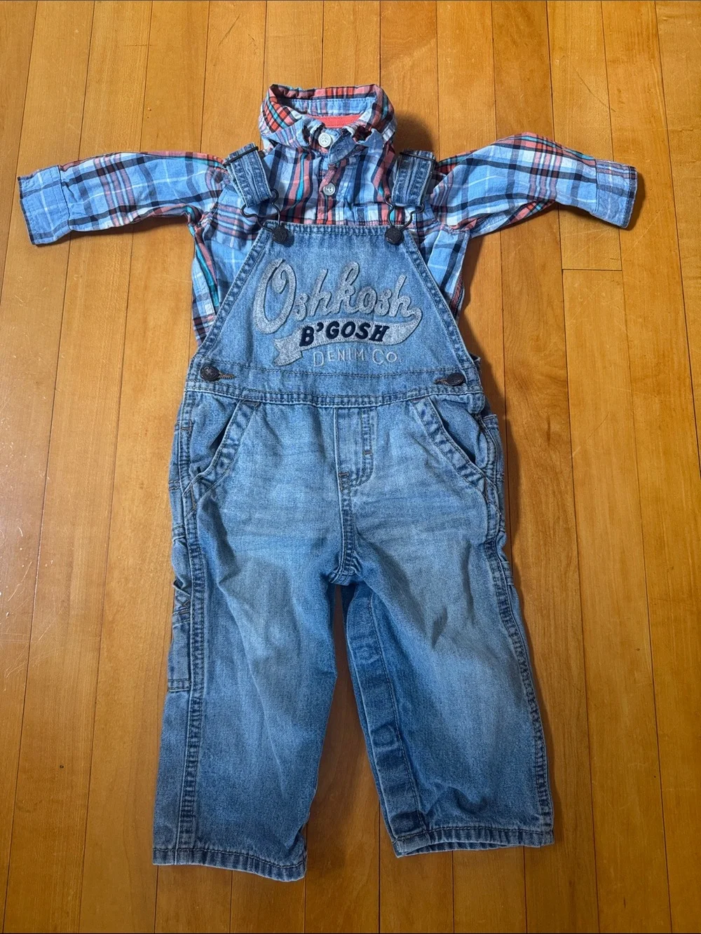 OshKosh B'gosh Denim Overalls with Blue & Red Plaid Shirt size 12M